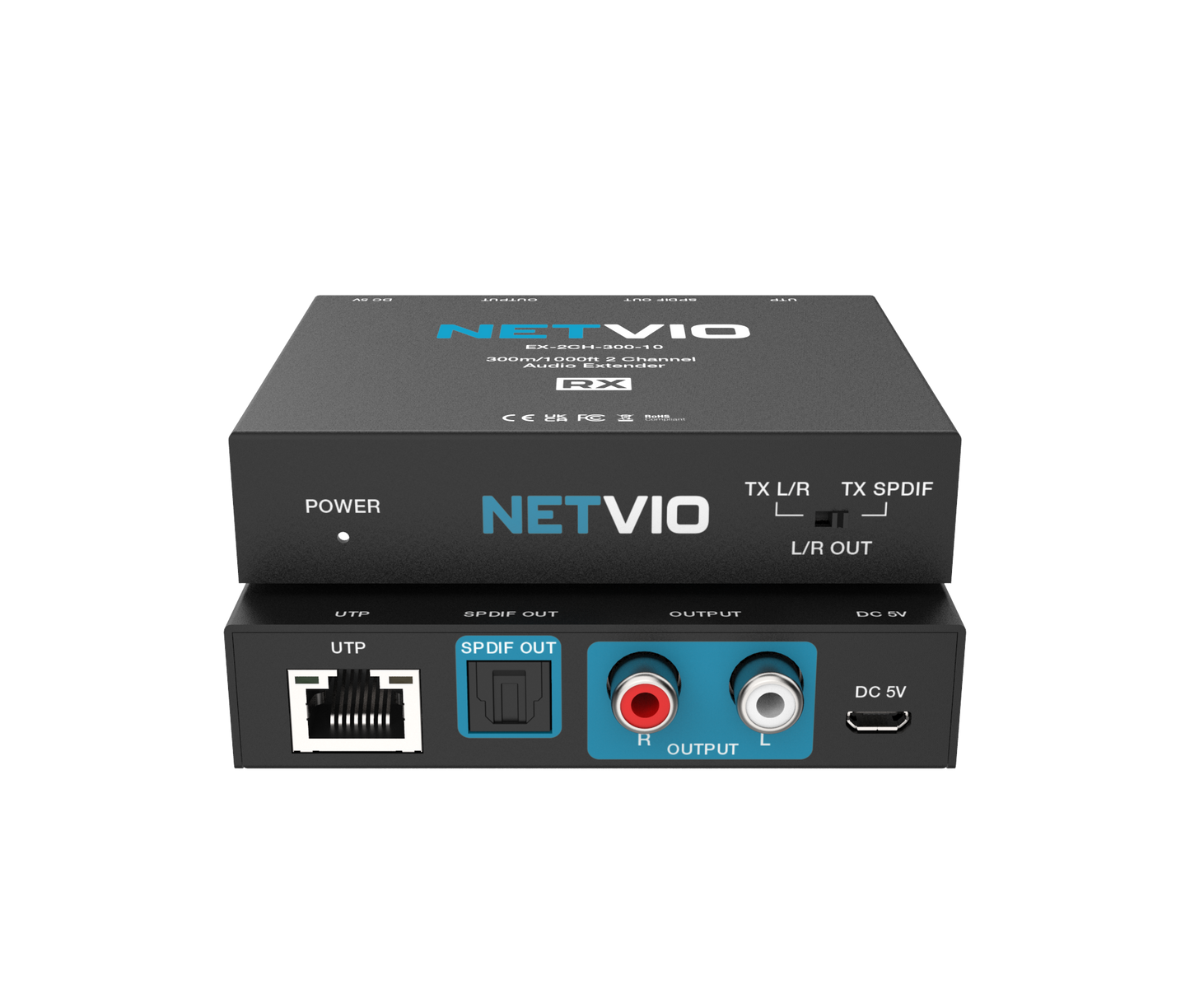 Netvio EX-2CH-300-10 | 300m 2-Channel Audio Extender with Built-in DAC & PoC