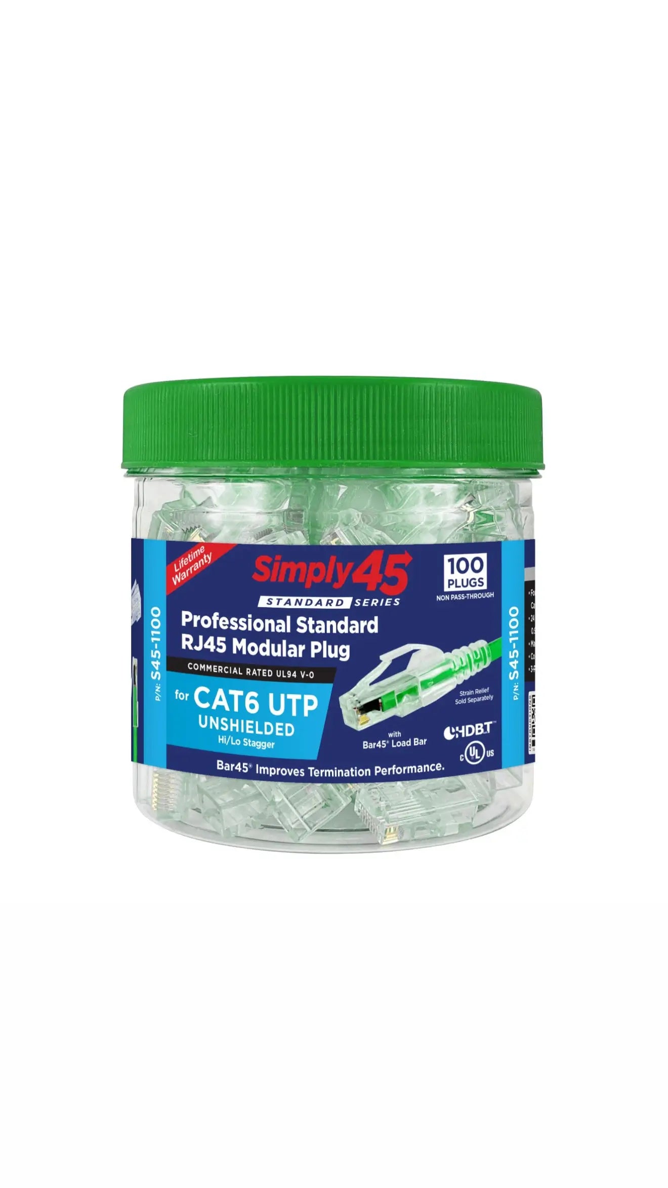 SIMPLY45 CAT6 UTP PASS THROUGH RJ45 MODULAR PLUGS, GREEN TINT: 100 PIECE JAR